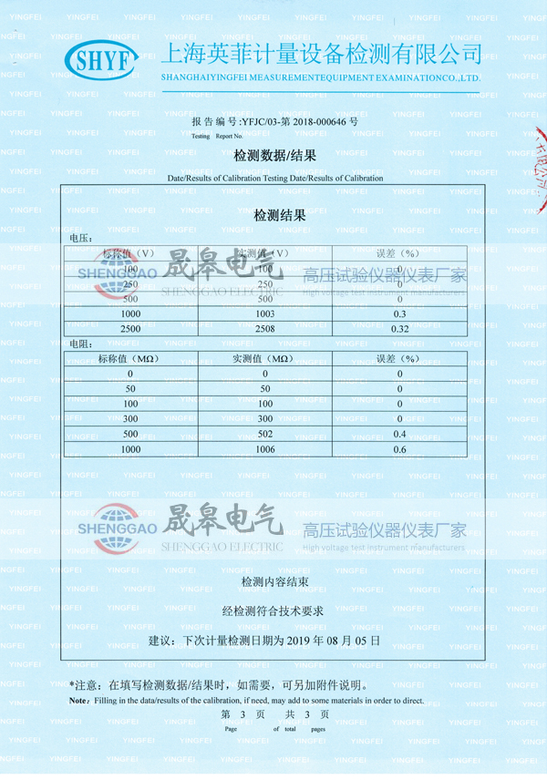 晟皋NL3102絕緣電阻測試儀檢測報告